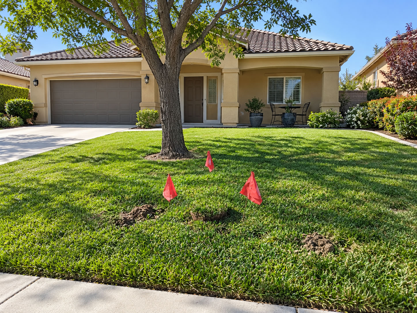 Gopher Stop flags marking active gopher mounds in a residential front lawn