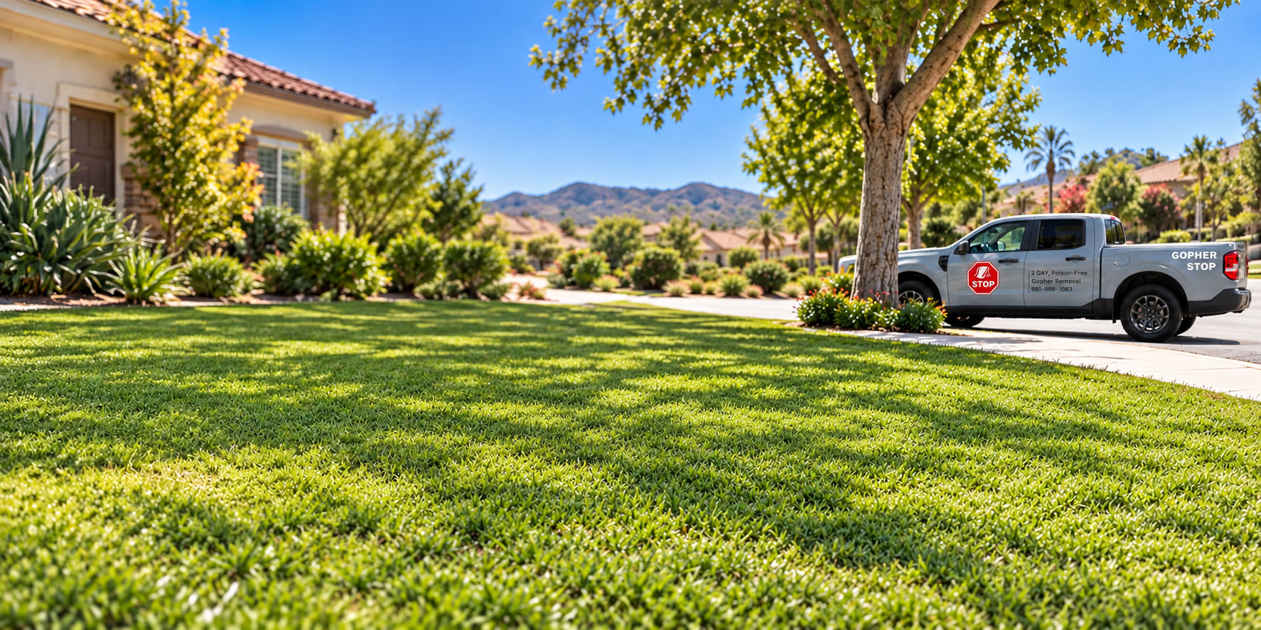 Gopher Stop technician locating active gopher tunnels in a Temecula Valley lawn
