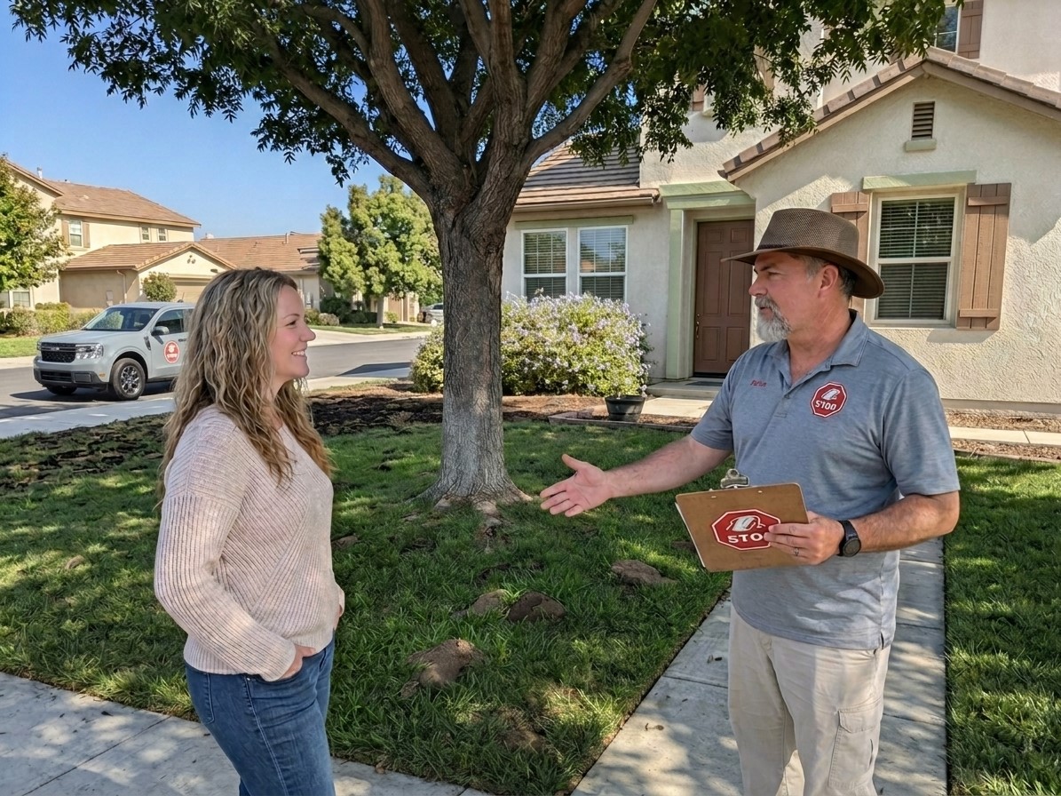 Gopher Stop specialist greeting a homeowner in a front yard during a property inspection