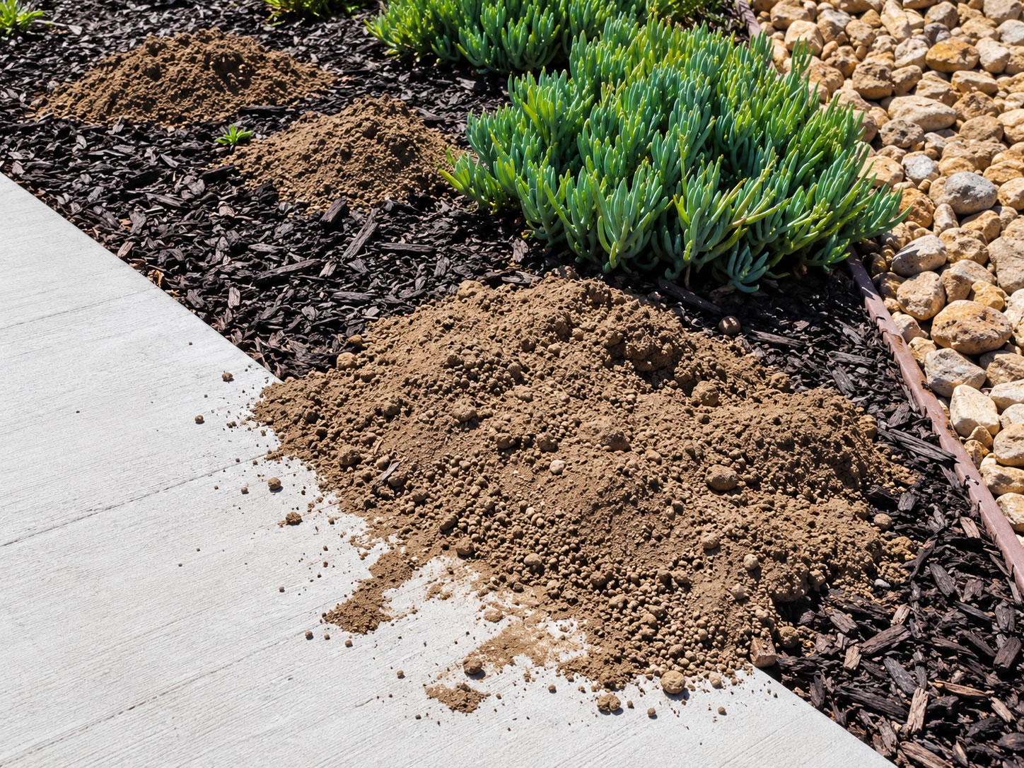 Gopher mound emerging through dark mulch beside a walkway