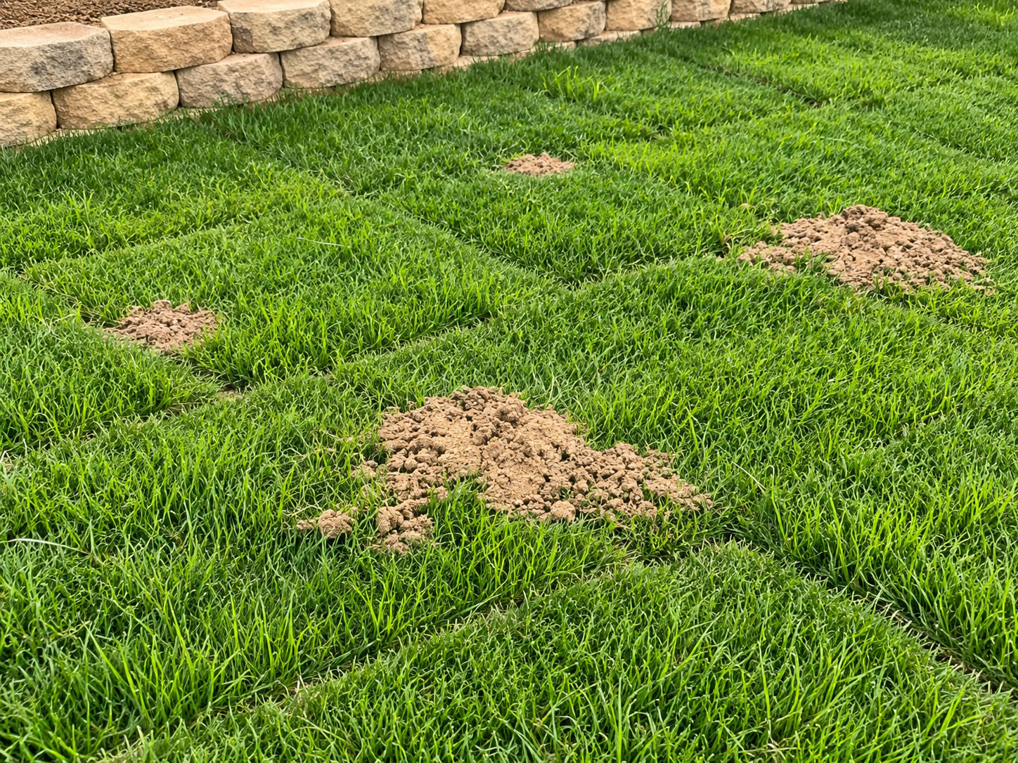 Fresh gopher mounds damaging a green lawn and new sod