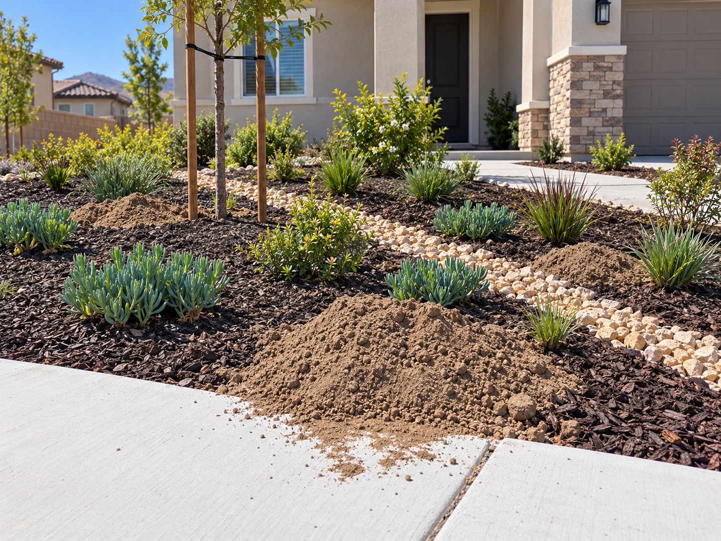 Gopher mound in a drought-tolerant Menifee landscape