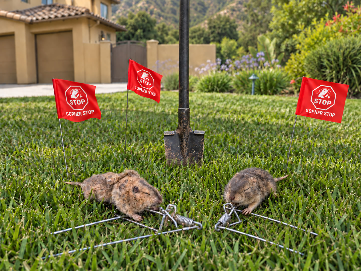 Gophers caught in professional traps on a lawn marked with Gopher Stop flags