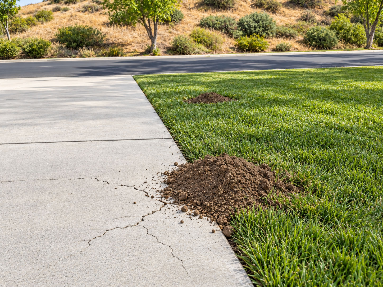 Gopher mound beside concrete hardscape and lawn