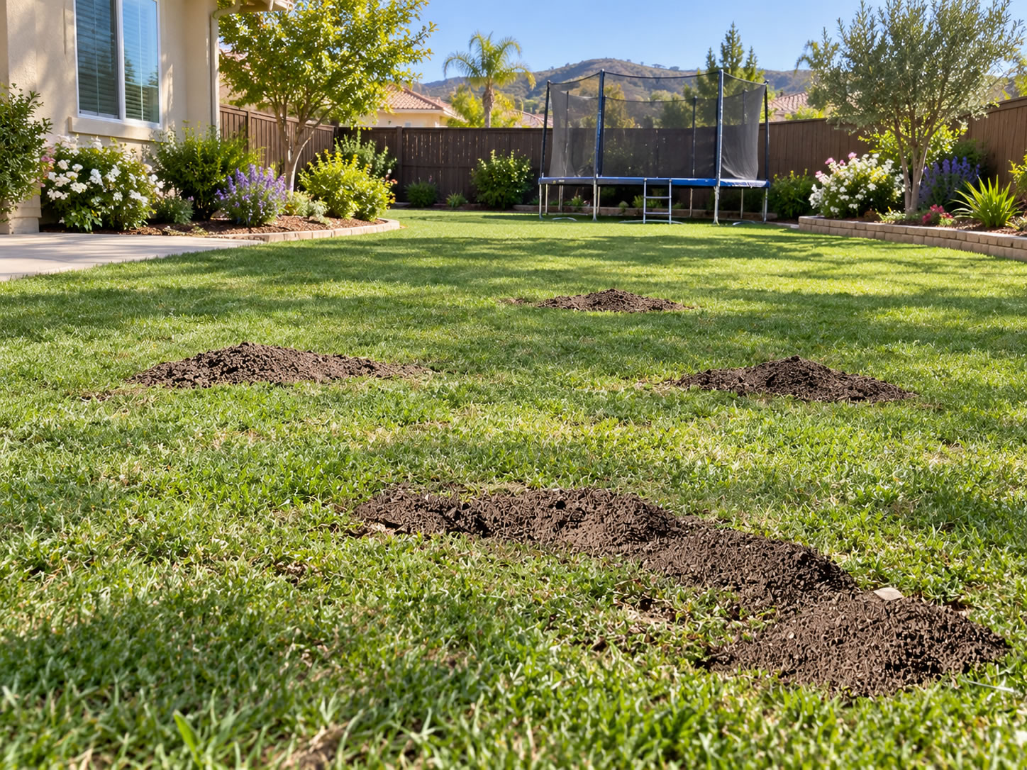 Gopher mounds across a residential lawn in Murrieta