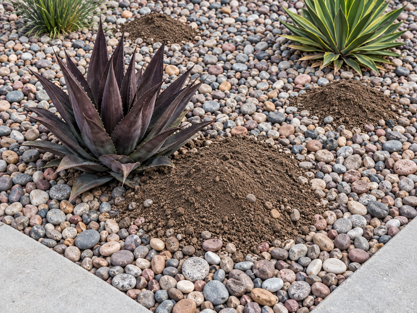 Gopher mound pushing through decorative rock landscaping